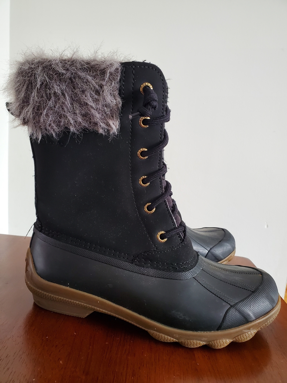 Sperry Black Winter Lace-Up Faux Fur-Trim Duck Boots